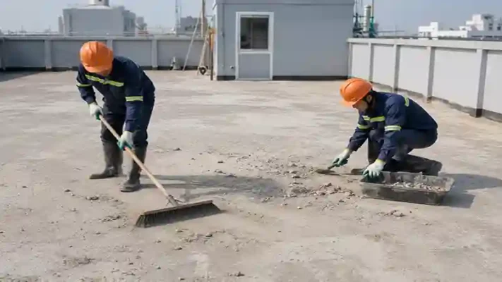 Công nhân vệ sinh mặt bằng mái trước khi thi công bê tông nhẹ tại Đà Nẵng