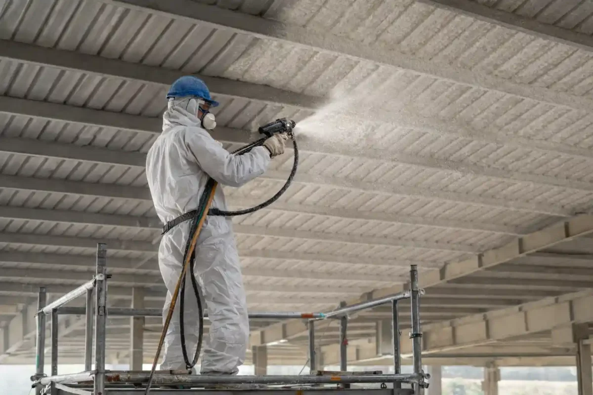 Công nhân mặc đồ bảo hộ đứng trên giàn giáo phun PU Foam cách nhiệt trực tiếp lên mái tôn nhà xưởng tại Gia Lai.