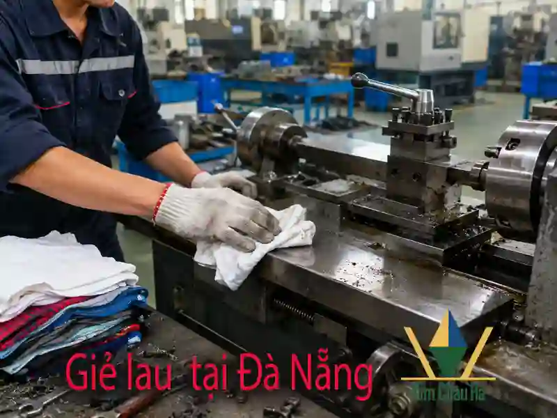 Ứng dụng giẻ lau máy trong xưởng cơ khí tại Đà Nẵng Công nhân dùng giẻ lau công nghiệp vệ sinh máy tiện, dầu nhớt và mạt kim loại trong xưởng cơ khí tại Đà Nẵng.