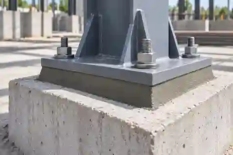 Chân cột thép trên bệ bê tông với lớp vữa rót dưới bản đế